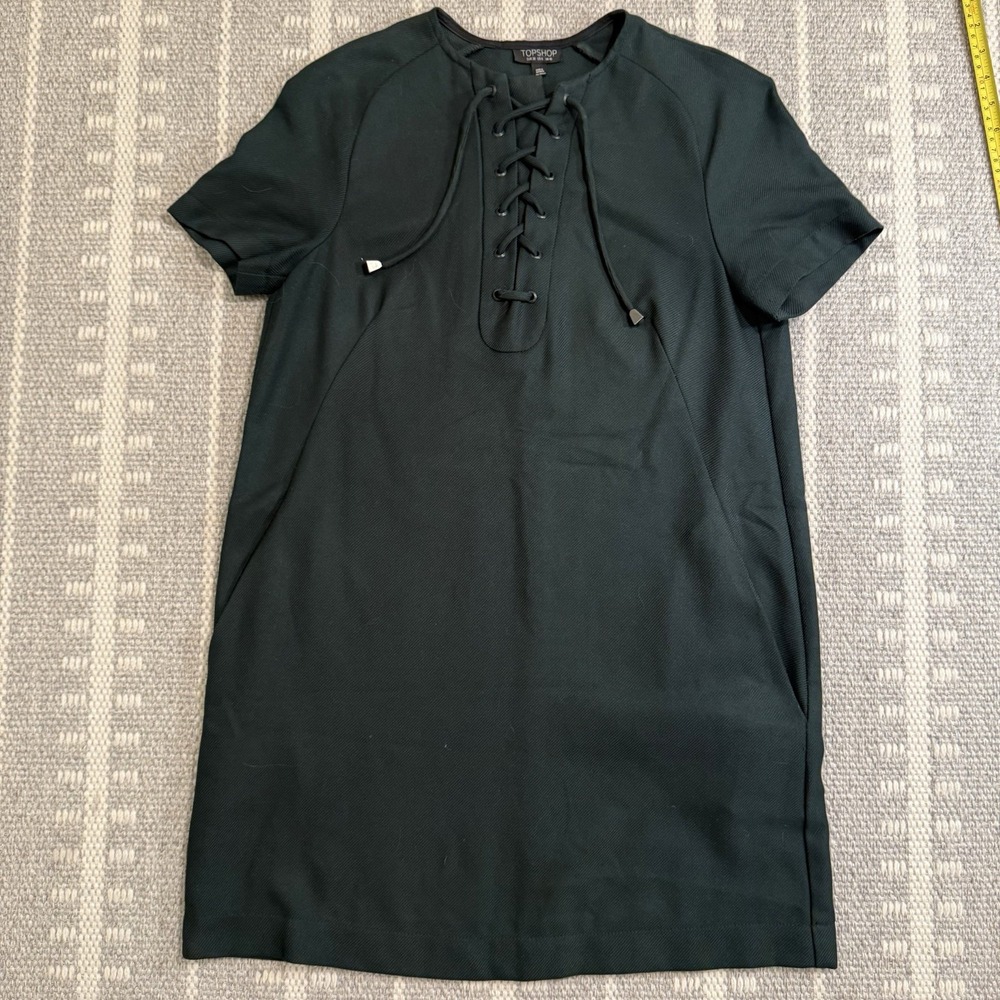 Topshop Women's Autumn Dress Lace Up Emerald Green Pockets Size 6